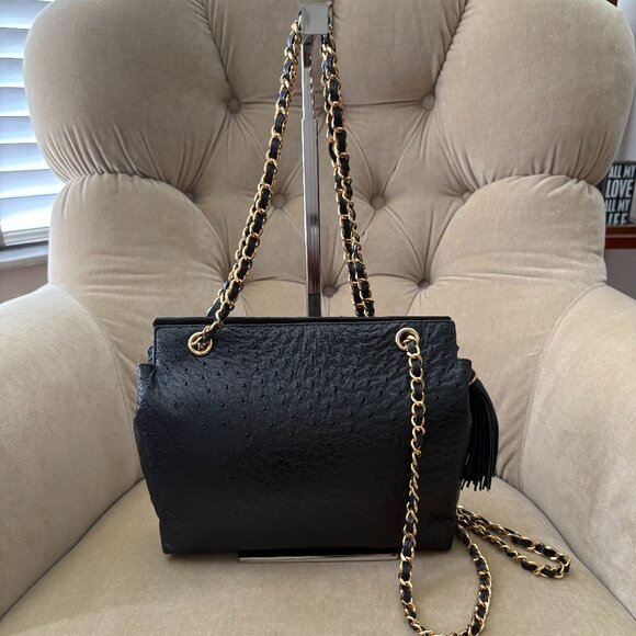 VTG Auth LUC BENOIT Genuine Ostrich Black Chain Shoulder Bag...GORGEOUS! - Picture 1 of 9